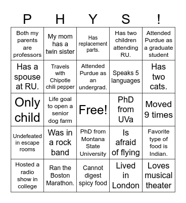 Get to Know RU PHYS Bingo Card