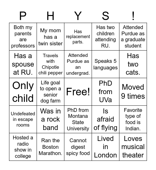 Get to Know RU PHYS Bingo Card