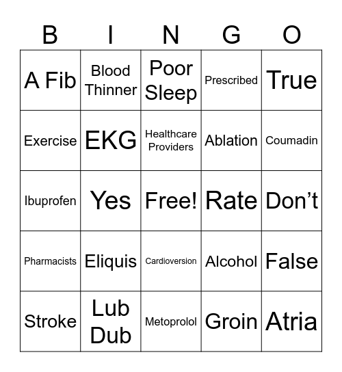Atrial Fibrillation Bingo Card
