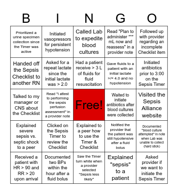 Sepsis Awareness Month BINGO Card