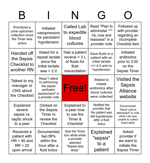 Sepsis Awareness Month BINGO Card