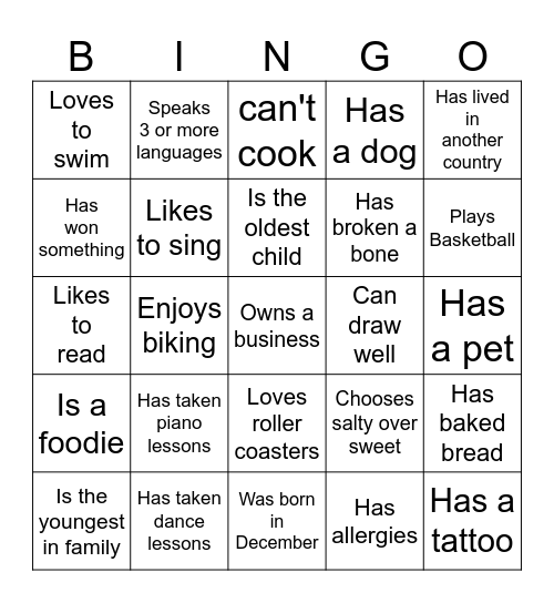 Get to Know You Bingo Card