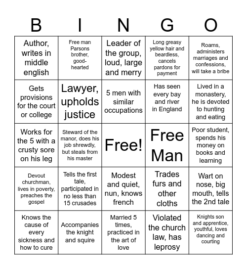 Canterbury Tales Bingo Card