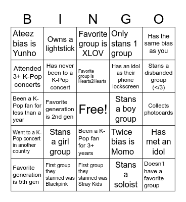 K-Pop Club Bingo Card