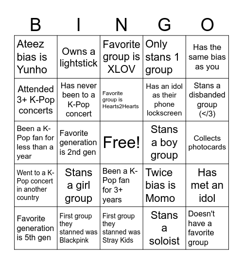 K-Pop Club Bingo Card