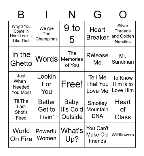 Dolly Parton Tribute Bingo Card
