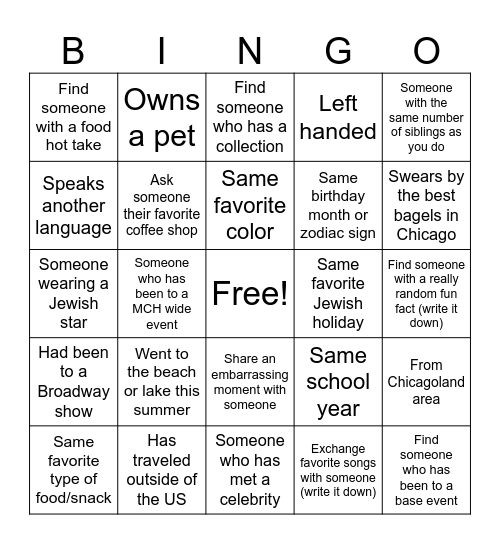Hillel 'Get to know you' Bingo Card