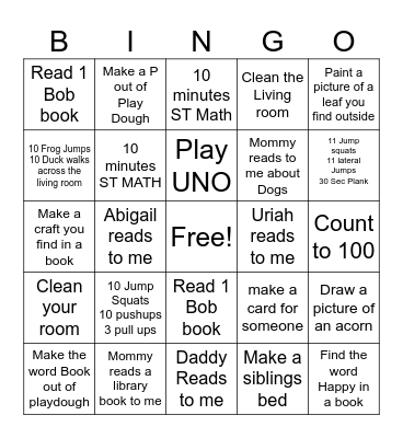 Prek Bingo 1 Bingo Card