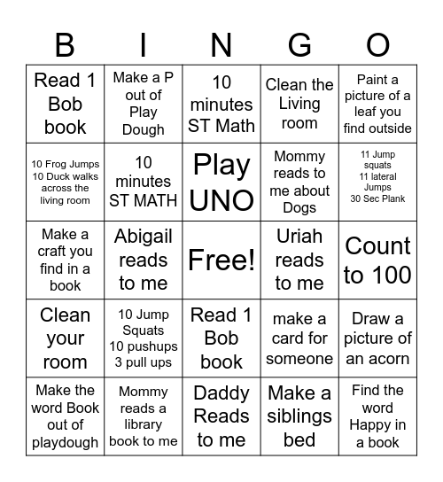 Prek Bingo 1 Bingo Card