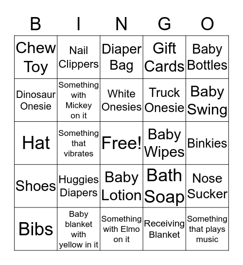 Baby Gavin Bingo Card