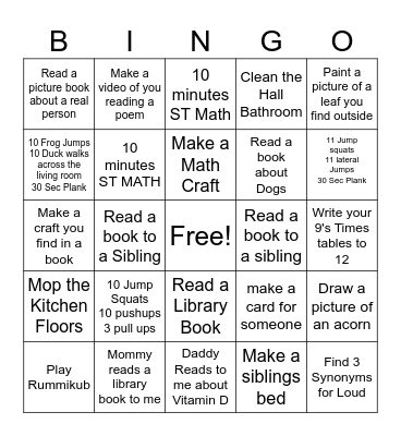 Prek Bingo 1 Bingo Card