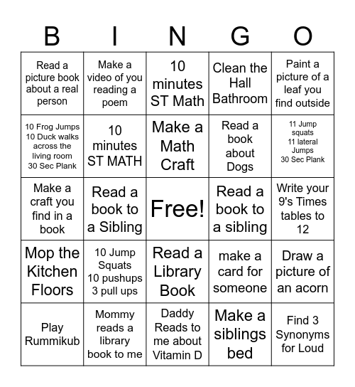Prek Bingo 1 Bingo Card