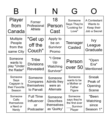 Survivor 51 Cast Reveal Bingo Card