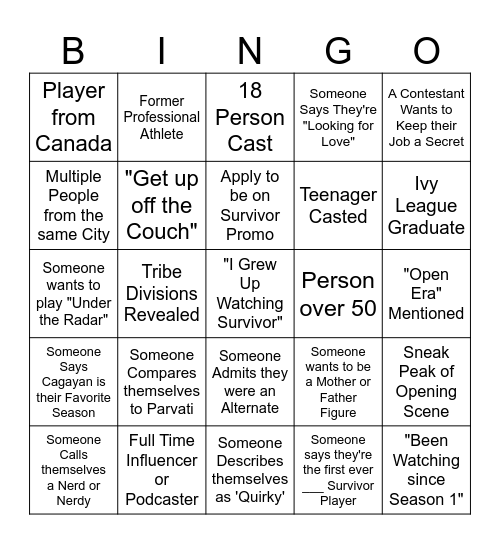 Survivor 51 Cast Reveal Bingo Card