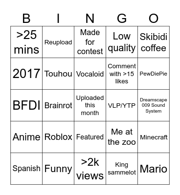 VidLii Bingo Card