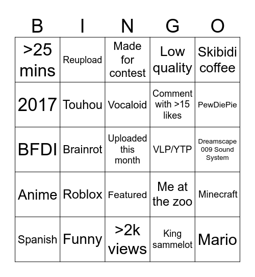 VidLii Bingo Card