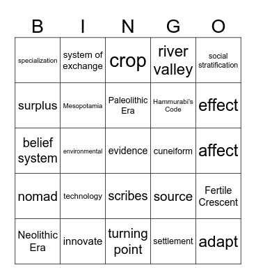 Paleolithic and Neolithic Eras Vocab Bingo Card