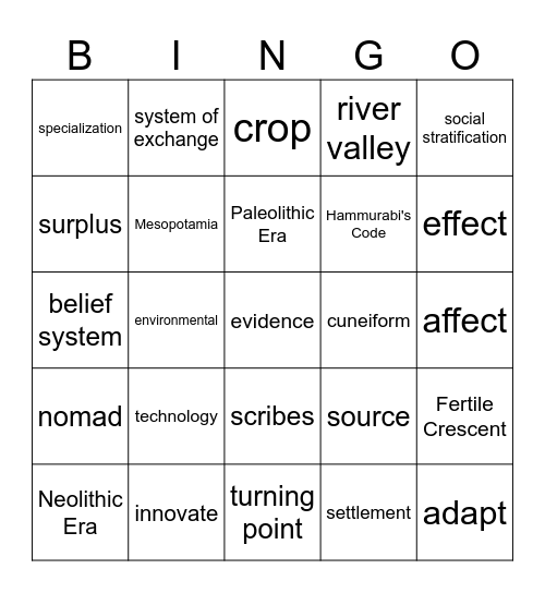 Paleolithic and Neolithic Eras Vocab Bingo Card