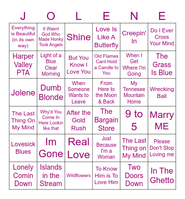 Dollywood Bingo Card