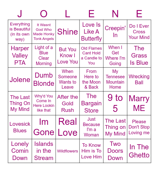 Dollywood Bingo Card
