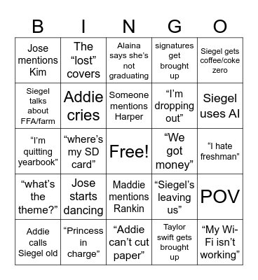 Yearbook Bingo Card