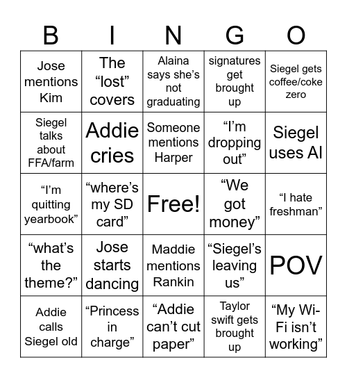 Yearbook Bingo Card