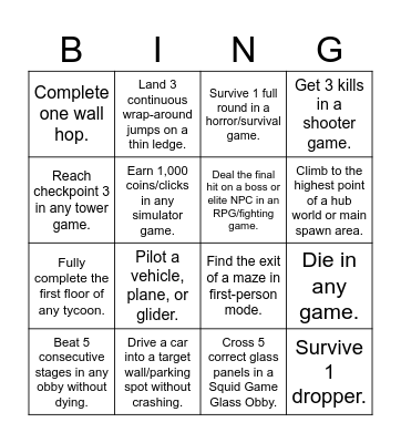 Roblox Stuff Bingo Card