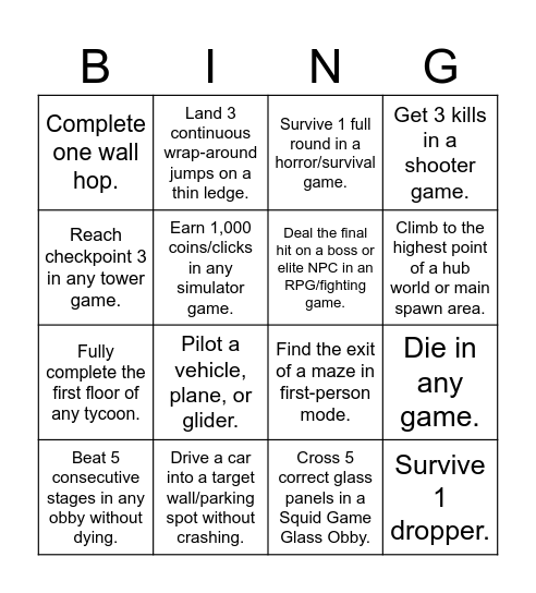 Roblox Stuff Bingo Card