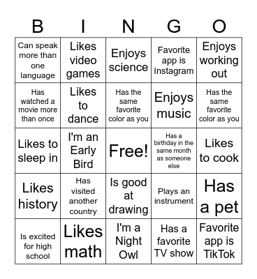 Get to Know You Bingo Card