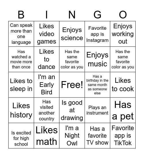 Get to Know You Bingo Card