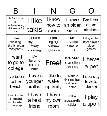 Things we have in common Bingo Card