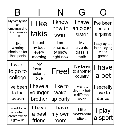Things we have in common Bingo Card