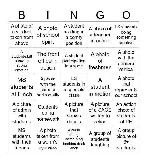 Yearbook Photo Scavenger Hunt Bingo Card