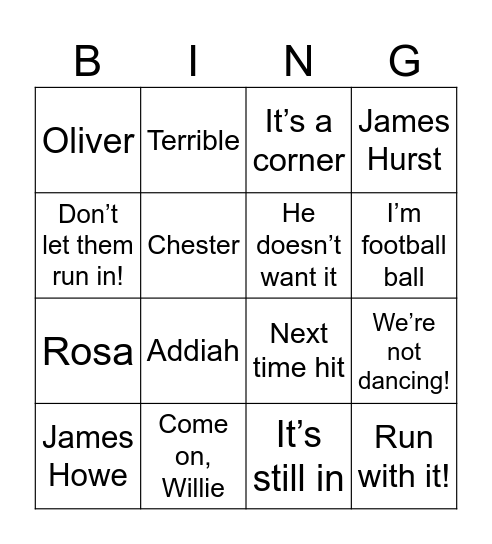 Armthorpe Welfare U8s Bingo Card