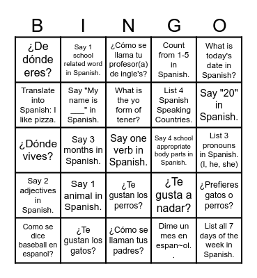 Spanish 1 Bingo Card