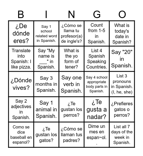 Spanish 1 Bingo Card