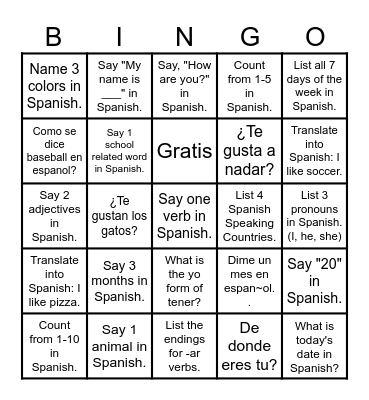Spanish 1 Bingo Card