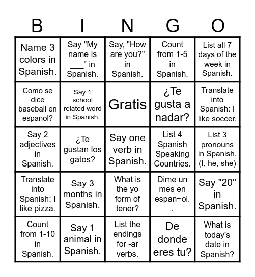 Spanish 1 Bingo Card