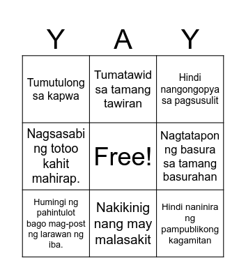 Pagtupad ng Sariling Tungkulin Bilang Mamamayan Bingo Card