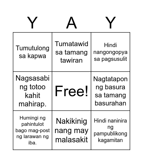 Pagtupad ng Sariling Tungkulin Bilang Mamamayan Bingo Card