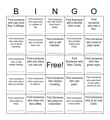 Get to know your Neighbor! Bingo Card