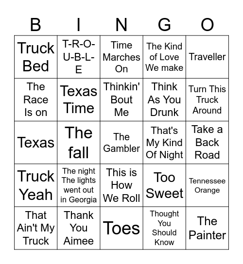 c* T country Songs Bingo Card
