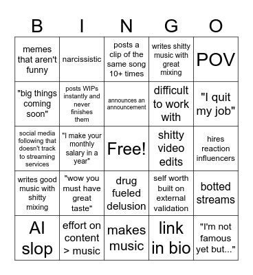 obnoxious diy musician bingo Card