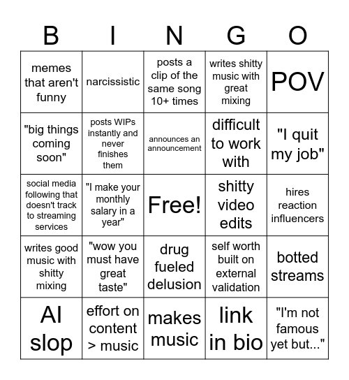 obnoxious diy musician bingo Card