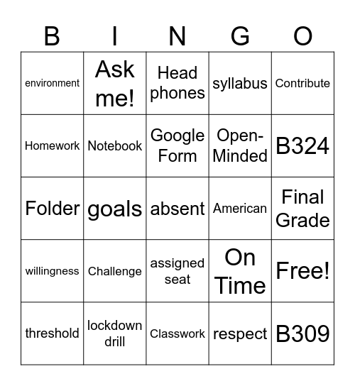 Class Expectations BINGO Card