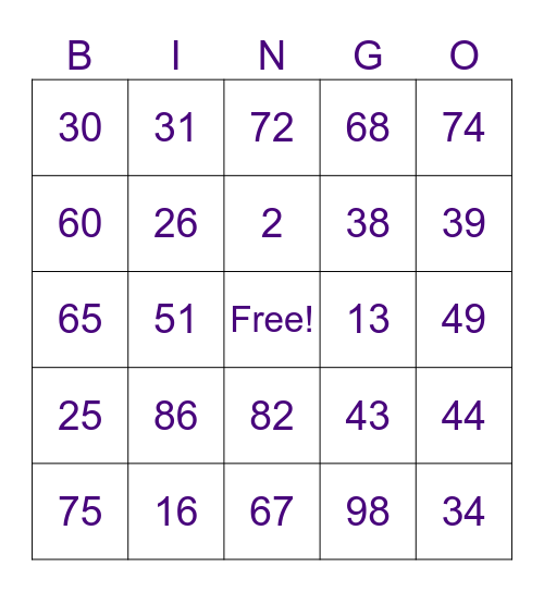 Les chiffres de 0 à 100 Bingo Card