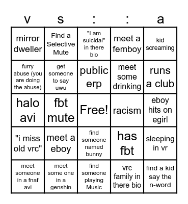 Vrchat Bingo Card