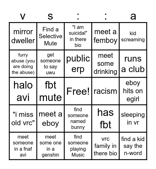 Vrchat Bingo Card