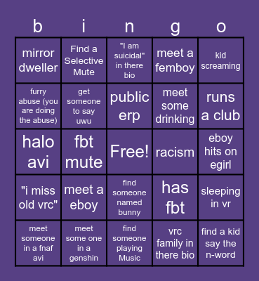 Vrchat Bingo Card