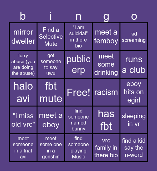 Vrchat Bingo Card
